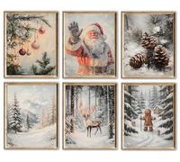 Christmas Wall Art Prints - Vintage Holiday Posters with Santa Claus, Reindeer, Gingerbread & Pinecones, Rustic Winter Scene Wall Décor for Living Room, Bedroom, Fireplace (8x10 Inch, Unframed)