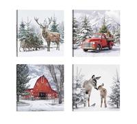 Christmas Wall Art Set of 4, 12x12 Inch Winter Snowy Forest Pictures,Christmas Reindeer Paintings,Vintage Red Truck & Barn Poster Canvas Prints,Farmhouse Holiday Decor for Living Room Bedroom