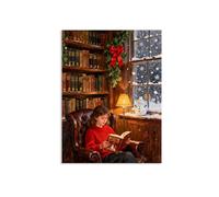 Christmas Wall Art Snowman Wall Decor Girl reading in the library at night winter xmas Painting for Living Room Bedroom Santa Claus Canvas Christmas Pictures Home Decor90x60cm(35x24in)Frameless