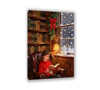 Christmas Wall Art Snowman Wall Decor Girl reading in the library at night winter xmas Painting for Living Room Bedroom Santa Claus Canvas Christmas Pictures Home Decor75x50cm(30x20in)Inner frame