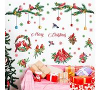 Christmas Wall Decals Cardinal Bird Stickers Hanging Pine Tree Branch Wall Decals Peel and Stick Christmas Window Stickers Merry Christmas Vinyl Decals for Living Room Xmas Party Supplies Winter Decor