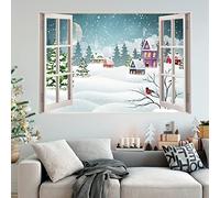 Christmas Wall Sticker - Snowy Village Window Wall Decal Xmas Winter Art (90cm Width x 60cm Height)