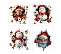 Christmas Wall Stickers Effect, 4pcs Decals Pictures for Walls, 3D Santa/Reindeer/Snowman Breaking Through The Wall Effect, Cute Christmas Walls Decals Peel and Stick, Sticker Decoration for Party