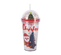 Christmas Water Tumbler 480ml Plastic Glitter Double Walled Cup 3D Snowman Christmas Tree Santa Christmas Cups Tumbler with Lid and Straw Xmas Confetti Insulated Straw Cup for Drinking Xmas Gifts (C)