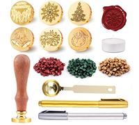 Christmas Wax Seal Stamp Kit, Kalolary Wax Seal Stamp Brass Head 300PCS Sealing Wax Beads 2PCS Metallic Pen Wooden Hilt Melting Spoon Tea Candles for Card Envelope Wedding Invitation Gift Packaging