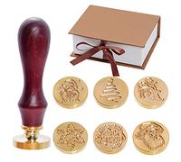 Christmas Wax Seal Stamp Set - 6 Pcs Brass Head with Wooden Hilt - Merry Christmas Santa Vintage Envelope Wax Copper Seal Stamp Kit with Gift Box for Holiday Wedding Invitations Postcards Scrapbook