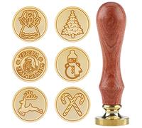 Christmas Wax Seals and Stamps Kit 6 Pieces Wax Sealing Wax Stamps Copper Seals 25mm Removable Brass Head and 1 Pc Wood Handle Wax Stamp Kit for Christmas Cards Envelopes, Invitations, Wine Packages