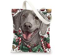Christmas Weimaraner Dog Canvas Tote Bag for Shopping 13 * 15, Cute Xmas Cartoon Reusable Grocery Shoulder Cloth Bag for Women, Pet Painting Gift Decoration