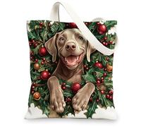 Christmas Weimaraner Dog Canvas Tote Bag for Shopping 13 * 15, Fun Xmas Hollies Reusable Grocery Shoulder Cloth Bag for Women, Pet Painting Gift Decor