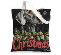 Christmas Weimaraner Dog Canvas Tote Bag for Shopping 13 * 15, Fun Xmas Hollies Reusable Grocery Shoulder Cloth Bag for Women, Pet Painting Gift Decoration