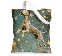 Christmas Weimaraner Dog Canvas Tote Bag for Shopping 13 * 15, Luxury Snowflakes Reusable Grocery Shoulder Cloth Bag for Women, Pet Painting Gift Decoration