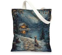 Christmas Weimaraner Dog Canvas Tote Bag for Shopping 13 * 15, Xmas Snowy Scene Reusable Grocery Shoulder Cloth Bag for Women, Pet Painting Gift Decor