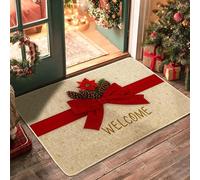 Christmas Welcome Doormat, Red Bow Door Mat for Indoor & Outdoor Holiday Decor, Non-Slip Dust-Resistant Entrance Mats, Easy Care 29x17 Inch
