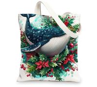 Christmas Whale Canvas Tote Bag for Shopping 13 * 15, Xmas Hollies Berries Reusable Grocery Bag for Women, Nautical Work Travel Pattern Gift Decor
