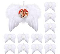 Christmas White Angel Wings Ornament Hanging, Feather Hanging with Sublimation Blanks Round Ornaments for DIY Christmas Tree Crafts Angel Wings Memorial Gifts Xmas Party Decor, 12pcs