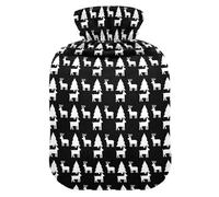 Christmas White Reindeer and Trees on Black Background Water Bottle for Hot Water with Soft Cover, 1L Hot Compress for Arthritis