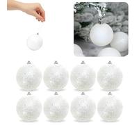 Christmas White Snowball Baubles 8 Pack - 40mm Glitter Foam Balls, Tree & Hanging Decorations Fluffy Snow Effect Ornaments for Winter, Holiday & Festive Décor
