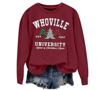 Christmas Whoville University Sweatshirt Women Christmas Buffalo Plaid Tree Graphic Xmas Party Shirts Pullover Christmas Jumpers for Women Wine