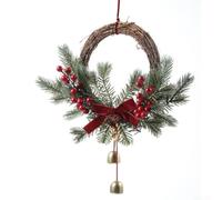 Christmas Wicker Wreath With Bells And Red Bow, 35Cm Rattan Holiday Decoration With Pine Needles, Cones And Berries For Indoor Outdoor Door Or Window Display(B)
