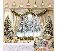 Christmas Window Backdrop Gold White Christmas Tree Snowy Forest Photography Background, Winter Wonderland Reindeer Xmas Party Decorations Banner for Family Holiday Photo Booth Props (7X5FT)