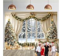 Christmas Window Backdrop Gold White Christmas Tree Snowy Forest Photography Background, Winter Wonderland Reindeer Xmas Party Decorations Banner for Family Holiday Photo Booth Props (8x6FT)