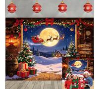 Christmas Window Backdrop Santa Sleigh Reindeer North Pole Photography Background Snowy Cabin Pine Tree Lantern Rustic Xmas Party Banner Decor for Family Holiday Photo Booth Studio (7X5FT)