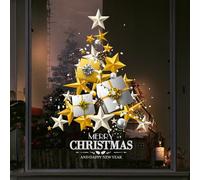 Christmas Window Clings Stickers,70cm*100cm Gold and Silver Stars Tree Extra Large Xmas Window Static Stickers,Christmas Winter Decoration Stick Wall Window Door Decal Sticker(One Christmas Tree)