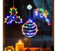 Christmas Window Decorations, 3 Pcs USB Multicolor Wreath, Gift Box, Santa Claus Xmas Indoor Window Lights, 8 Flashing Modes LED Lights for New Year, Home, Party, Room Decors