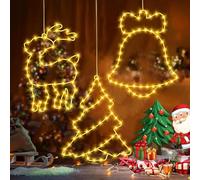 Christmas Window Lights, 3 Big Xmas Decorations Lights 155 LEDs Stars Reindeer Jingle Bell String Lights for Garden Yard Xmas Patio Wedding Outdoor Indoor 8 Modes with Timer Curtain Lights