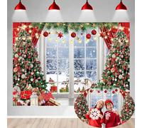 Christmas Window Photography Backdrop 8x6FT Winter Wonderland Snow Scene Xmas Tree Wooden Window Background Winter Christmas New Year Party Decorations Supplies Photo Props
