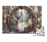 Christmas Window Scene 1000 Piece Jigsaw Puzzles Reindeer Seen through Window Adults Aged 12 And Above Educational Games Home Decoration Difficult Challenging Male And Female Birthday 52x38cm