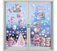 Christmas Window Stickers, 9 Sheets Reusable Christmas Window Decorations Double Sided PVC Static Xmas Window Stickers Scene for Glass (Pink)