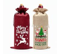 Christmas Wine Gift Bags,35x15 Cm Reusable Bottle Bags With Drawstrings | 2 Pcs Christmas Bottle Bags,Reusable Drawstring Design,Red And Burlap Style,Christmas Bottle Gift Bags,Bottle Bags For Wine