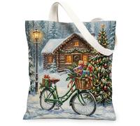 Christmas Winter Cabin Bicycles Scene Canvas Tote Bag 13x15 Inch | Winter Cabin Scenery, Holiday Gift Baskets, Nostalgic Seasonal Art, Festive Home Accents, Durable Fabric Construction