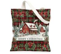 Christmas Winter Cabin Plaid Cottage Canvas Tote Bag 13x15 Inch | Winter Cabin Scenery, Traditional Plaid Background, Cardinal Bird Accents, Festive Pine Wreath Motifs