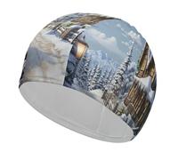 Christmas Winter Happy Scene Bathing Cap High Elasticity Swimming Caps Fit Both Long Hair Short Hair Comfortable Large Shower Cap for Drag Reduction and Hair Protection