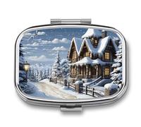 Christmas Winter Happy Scene Pill Box 2 Compartment, Portable Pill Case with Mirror for Pocket Purse Travel, Mini Metal Medicine Organizer for Vitamins Fish Oil