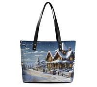 Christmas Winter Happy Scene Tote Bag Large Soft Leather Purse with Zipper Lightweight Ladies Shoulder Handbag