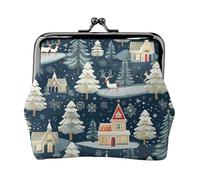 Christmas Winter Landscape Deer Printed Microfiber PU Leather Wallet Kiss Lock Mini Pouch for Lipstick Key Change Organization