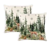 Christmas Winter Pillow Covers 18x18 Inch Set of 2 Xmas Trees Reindeer Decorative Throw Pillow Cover Watercolor Nature Forest Decoration Holiday Farmhouse Pillow Case for Home Sofa Decor Green