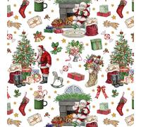 Christmas Winter Scene Red Santa Rocking Horse PVC Table cloth White Green Trees Holly Leaves Gold PVC Plastic Vinyl Oilcloth Wipe Clean Party Table Cloth (260cm x 140cm 102" x 54" inches Rectangle)