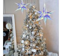Christmas winter snow flakes stars honeycomb balls iridescent light reflecting foldable reusable ornament hanging house party decoration (4PCs stars 40cm)