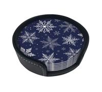 Christmas Winter Snowflake Navy Blue,Set of 6 Round Coasters, Pu Leather Drinks Coasters with Holder for Home Office Kitchen