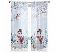 Christmas Winter Snowman Snowflakes Snowscape Curtains - Chiffon Sheer 84 Inches Long for Living Room Bedroom, Rod Pocket Window Voile Drapes 52"x84", 2 Panels