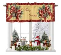 Christmas Winter Valances for Windows, Rustic Red Satin Ribbon Bow Pine Cone Holly Berry Light Filtering Window Treatments Short Valance Curtains Rod Pocket for Kitchen Bathroom 42”x18”, 1 Panel