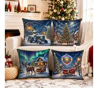 Christmas Winter Village Scenes Tree Throw Pillow Covers 18x18 Set of 4
