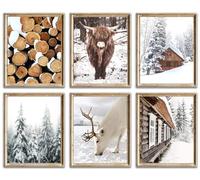 Christmas Winter Wall Art Set - Cosy Cabin & Reindeer Prints, Snowy Forest and Highland Cow Rustic Posters for Festive Home Decor, Farmhouse Living Room or Bedroom - Set of 6 (8x10 Inch Unframed)