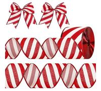 Christmas Wired Ribbon Red and White Stripes Candy Cane Ribbon for Christmas Tree Decorations Gift Wrapping Bow Making Wreath Embellishing or DIY Crafts, 63mm*10 Yards
