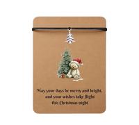 Christmas Wish Bracelet with Tree Charm, Black Cotton Cord, Tibetan Silver, Adjustable Size, Kraft Card Gift Set with Teddy Bear Design