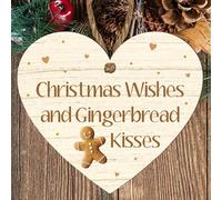 "Christmas Wishes and Gingerbread Kisses" MDF Hanging Heart Plaque - Cute Festive Holiday Decoration - Indoor Use - Gingerbread-Themed Ornament Sign (Large: 23 cm (H) × 20 cm (W))